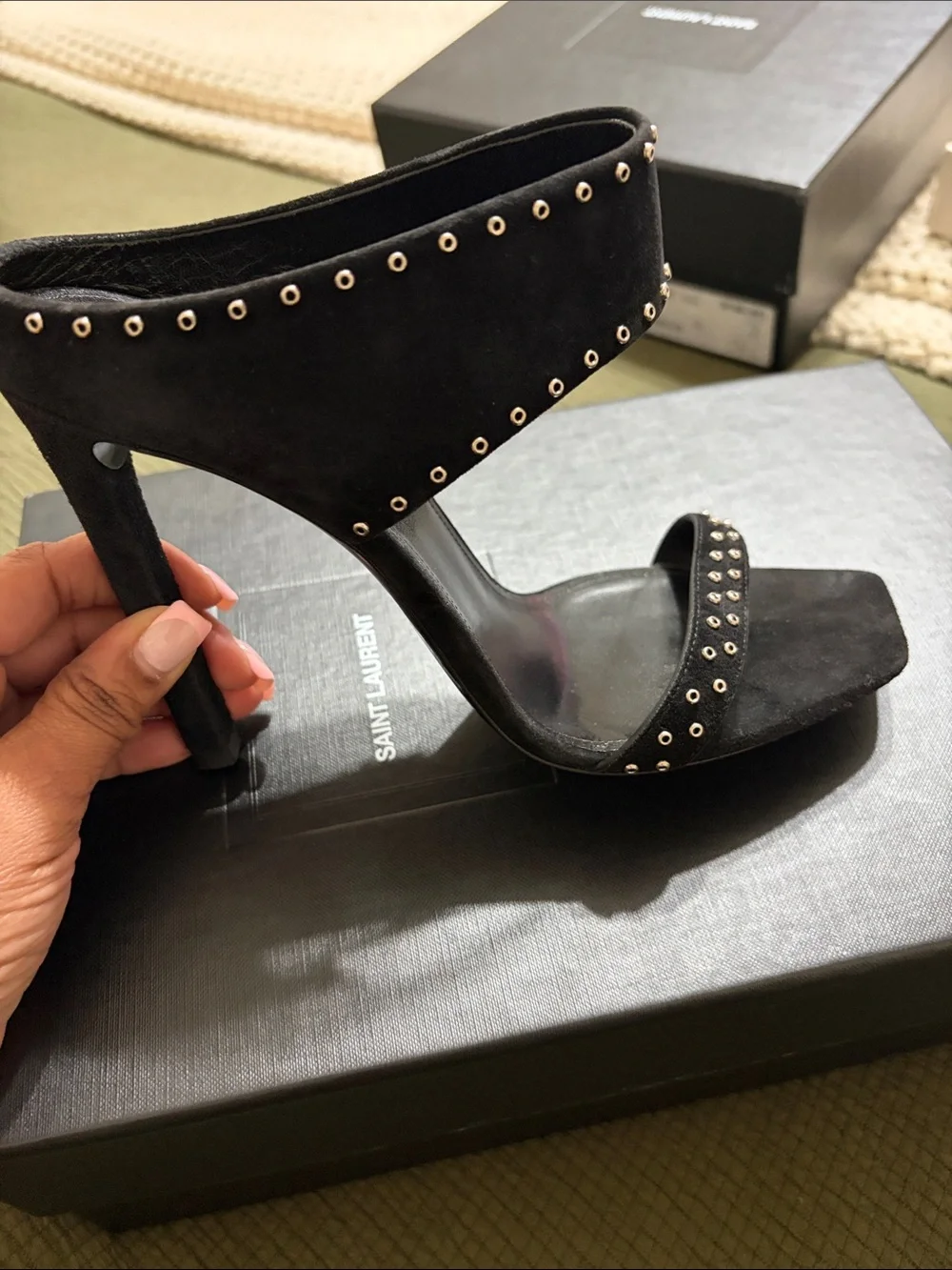 Saint Laurent Black Studded Double-Strap Mule Heel - Picture 2 of 4